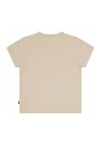 T-shirt beige a maniche corte con collo rotondo, realizzato in morbido cotone. Presenta cuciture pulite e un'etichetta piccola sull'orlo.