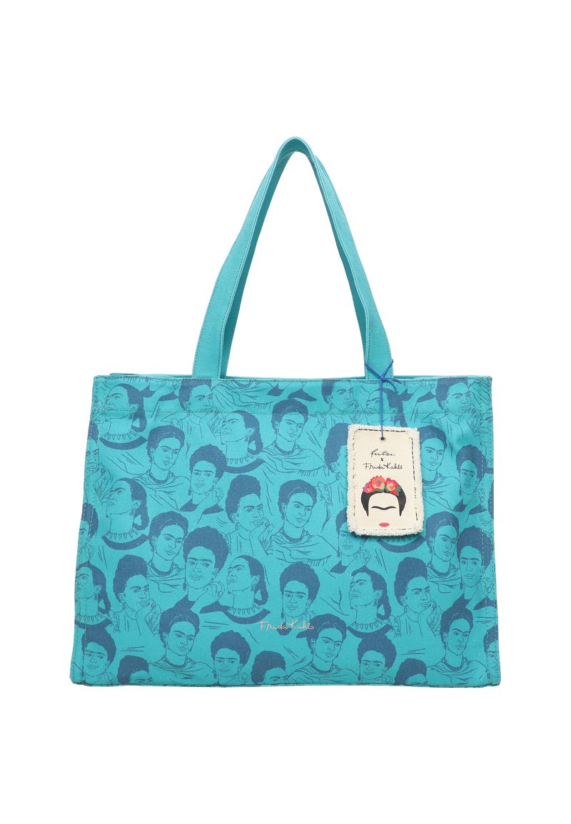 Sac en toile de coton turquoise avec des illustrations bleues répétées d'une femme avec des fleurs dans les cheveux. Comprend une étiquette décorative.