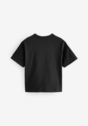Schwarzes Baumwoll-T-Shirt, kurze Ärmel, lässige Passform, runder Ausschnitt, glatte Textur, minimalistisches Design, keine sichtbaren Grafiken oder Muster.