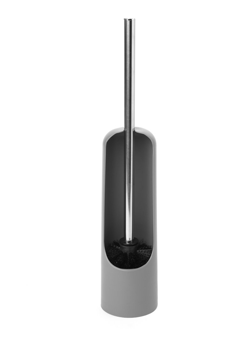 Brosse de toilette avec un support en plastique gris, dotée d'un manche en métal et de poils noirs. Design cylindrique épuré avec un look minimaliste.