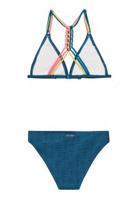 Completo bikini a due pezzi con top triangolare e dettaglio sul retro intrecciato multicolore e un fondo blu a motivo con accentuazione del logo.