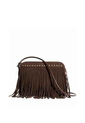 Pruun seemisnahast õlakott pika narmastega, hõbedaste kividega ülevaltääres ja õhuke reguleeritav rihm.