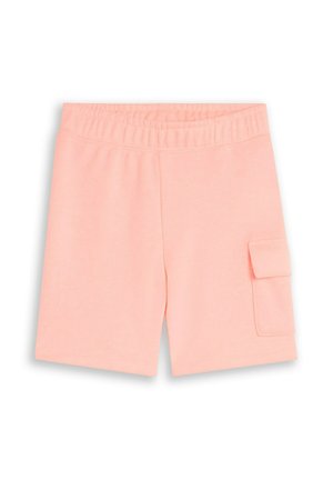 Hellrosa Shorts mit elastischem Bund und einer Klappentasche am rechten Bein vor weißem Hintergrund.