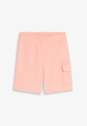 Hellrosa Shorts mit elastischem Bund und einer Klappentasche am rechten Bein vor weißem Hintergrund.