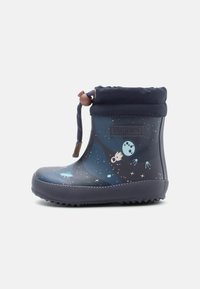 Botte en caoutchouc bleu marine avec un thème spatial comportant des étoiles et des planètes. Cordon élastique en haut, semelle texturée pour une meilleure adhérence.
