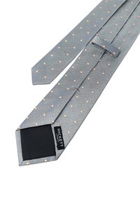 Cravatta grigia a motivo con piccoli design a diamante arancioni, realizzata in un tessuto texturizzato con un retro nero uniforme e un'etichetta con il marchio.