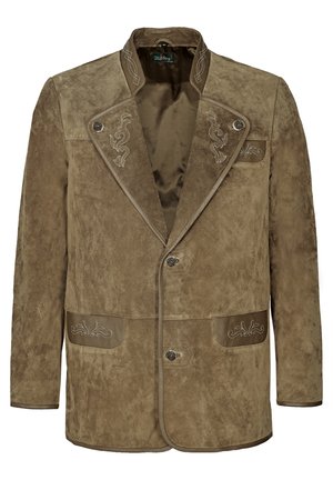 Braune Wildlederjacke mit Reverskragen, Vorderknöpfen und dekorativen Nähten am Kragen und den Taschen. Bietet eine lässige Passform.