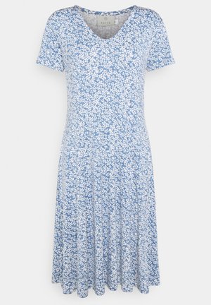 Blaues Blumenkleid mit kurzen Ärmeln, V-Ausschnitt und ausgestelltem Schnitt. Hergestellt aus weichem Stoff mit weißen Blumenmustern.