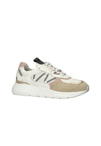 Sneaker met een bovenwerk van wit leer, mesh accenten, overlagen van roze en beige suede en een gestructureerde crèmekleurige zool. Bevat een zwart aantrek lipje en veters.