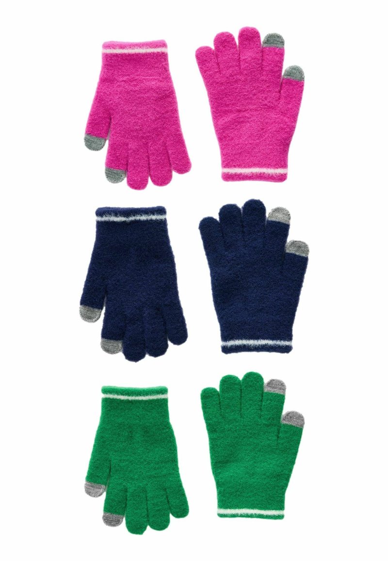 Sex par handskar arrangerade i två rader: rosa, marinblå och gröna tyger med texturerade ytor, som har grå spetsade fingrar och randiga band.