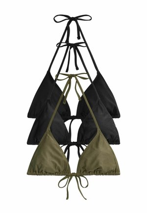Three triangle bikini tops in black and olive green, stacked vertically, each with halter neck and back tie closures.