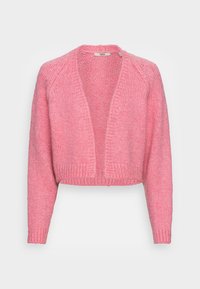 Cardigan en tricot rose avec un design court, une ouverture à l'avant et des manches longues. Le tissu texturé et les poignets côtelés rehaussent l'apparence générale.