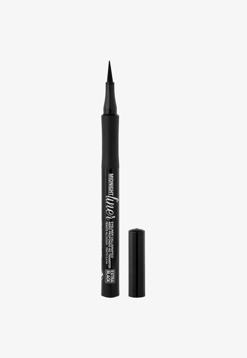 Eyeliner nero in penna con punta in feltro a forma conica, corpo opaco nero con testo bianco e cappuccio removibile.