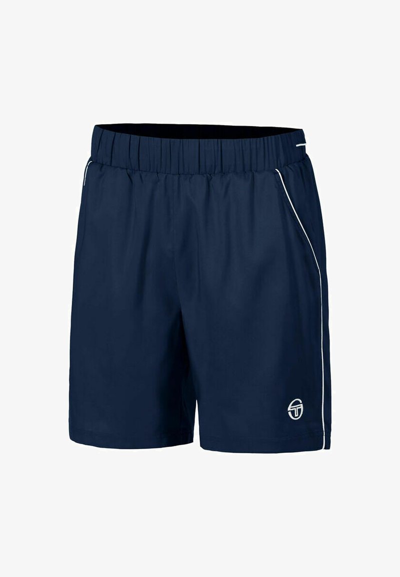 Marineblauwe sportshorts met elastische tailleband, witte bies langs de zijkanten en een klein wit logo bij de zoom van het rechterbeen.