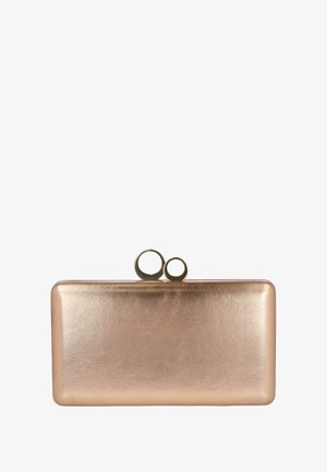 Clutch de color rosa dorado metálico con forma rectangular, textura lisa y dos acentos metálicos circulares en el broche superior.