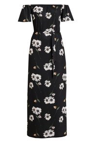 Maxi šaty s designem bez ramínek, černá látka s bílým květinovým vzorem, stahovaný pas se slušivým opaskem.