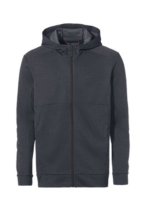 Sweat à capuche zippé gris foncé avec un tissu texturé, capuche réglable, poches latérales et logo ton sur ton sur la poitrine. Doublure intérieure lisse.