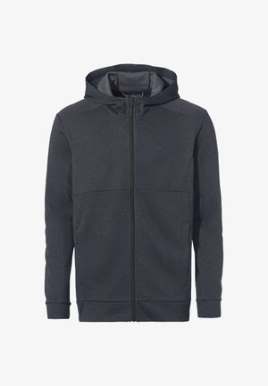 Sweat à capuche zippé gris foncé avec un tissu texturé, capuche réglable, poches latérales et logo ton sur ton sur la poitrine. Doublure intérieure lisse.