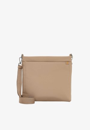 Beige suorakulmainen olkalaukku, jossa säädettävä kangasremmi ja pieni oranssi logopatch yläoikeassa kulmassa.