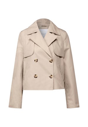 Beige zweireihige Jacke mit Reverskragen, zwei Fronttaschen und großen runden Knöpfen. Aus glattem, leichtem Stoff gefertigt.
