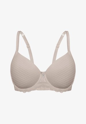 Beige gepolsterter BH mit Hahnentrittmuster, verstellbaren Trägern, Spitzenbesatz entlang des Bunds und einem dekorativen herzförmigen Akzent in der Mitte.