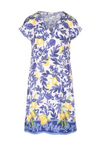 Das kurzärmelige Kleid hat einen weißen Hintergrund mit blauen Blumen- und gelben Zitronenmuster, einen V-Ausschnitt und einen lockeren, fließenden Schnitt.