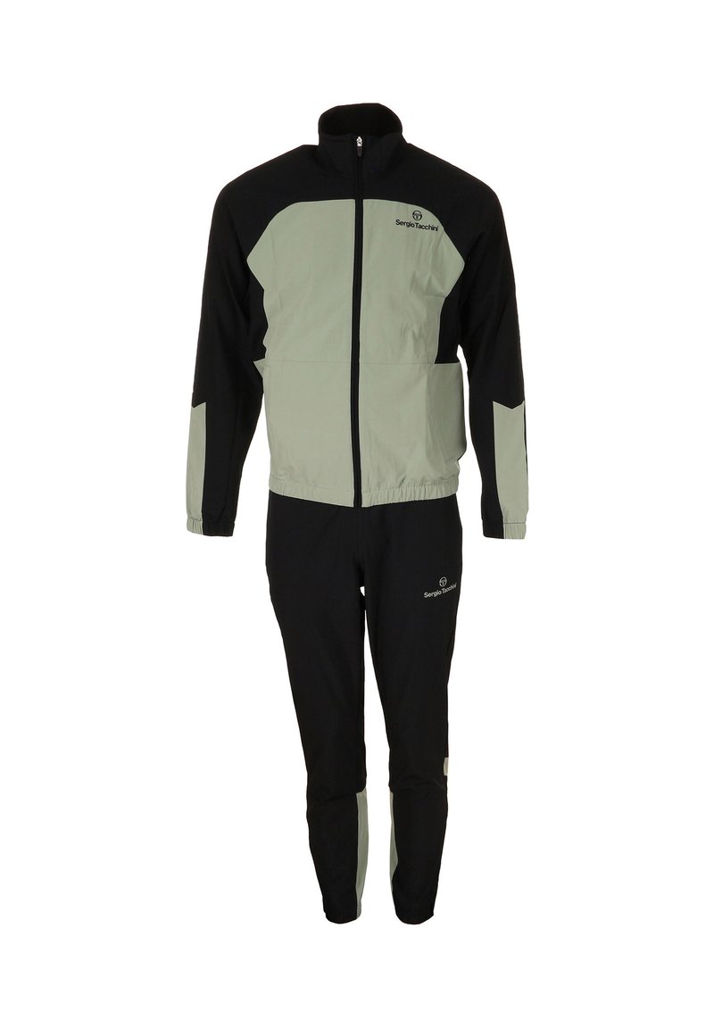 Tuta sportivo caratterizzato da una combinazione di colori nero e verde chiaro, realizzato in tessuto leggero con giacca con zip e pantaloni con vita elastica.