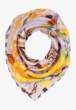 Pañuelo de seda con un vibrante patrón floral y de frutas en amarillo, naranja, verde y marrón sobre un fondo lila claro, doblado en forma de lazo.