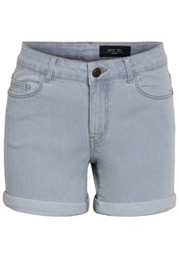 Svetlomodré denimové šortky s rolovanými manžetami, predným gombíkom, zipsovým zapínaním, pútkami na opasok a prednými a mincovými vreckami.