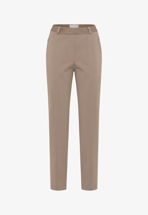 Beige, schmal zulaufende Hose mit floral gemusterter Bund, Gürtelschlaufen und seitlichen Reißverschlusstaschen, Vorderansicht.