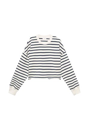 Felpa corta a righe blu navy e bianca con maniche lunghe. Presenta un colletto rotondo e polsini a costine per un tocco di texture. Realizzata in morbido cotone.