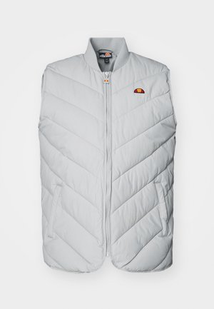 Light gray padded vest with a chevron pattern, front zipper, and side pockets. Features a small embroidered logo near the neckline.