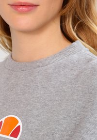 Grå sweatshirt med ribbad rund halsringning; har en färgglad logotyp på vänster nederkant. Mjuk textur och avspänt design.