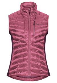 Doppia canotta rosa senza maniche con colletto alto, design trapuntato e zip frontale. Presenta pannelli laterali per una vestibilità aderente e una tasca sul petto.