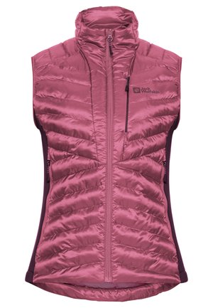 Roze mouwloze vest met een hoge kraag, gewatteerd ontwerp en een ritssluiting aan de voorkant. Heeft zijpanelen voor een getailleerde pasvorm en een borstzak.