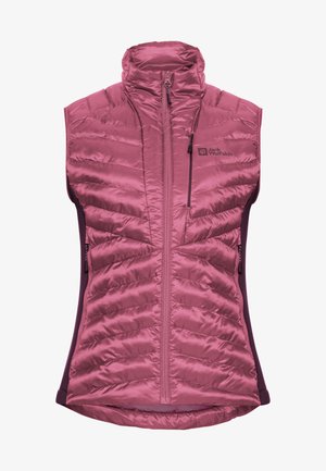 Roze mouwloze vest met een hoge kraag, gewatteerd ontwerp en een ritssluiting aan de voorkant. Heeft zijpanelen voor een getailleerde pasvorm en een borstzak.