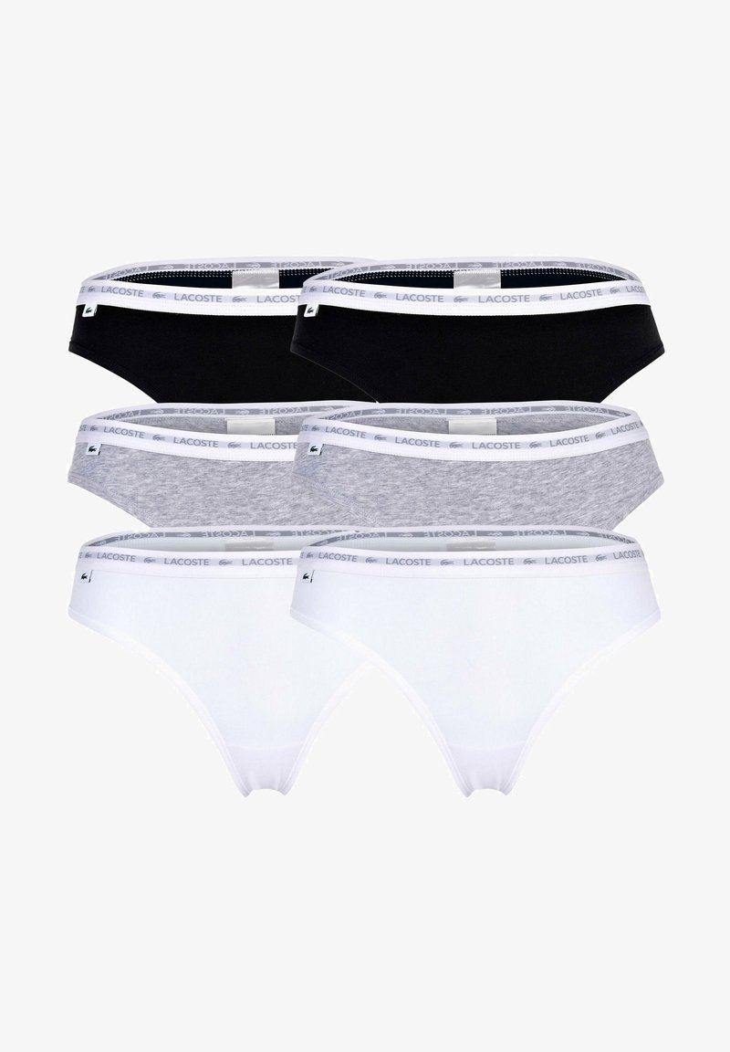 Pack of five cotton briefs in black, gray, and white. Features a branded elastic waistband with a logo, standard cut design, and smooth texture.