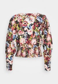 Blouse à manches longues avec un imprimé floral multicolore composé de fleurs roses, rouges, bleues et vertes et une taille élastique froncée.