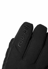 Zwarte handschoenen met een gestructureerd, gewatteerd ontwerp. Voorzien van het gebosseleerde "reusch"-logo en rechte naden, geschikt voor warmte en bescherming.