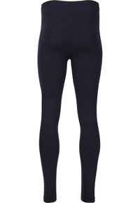 Granatowe legginsy wykonane z rozciągliwego materiału dzianinowego, z wysokim pasem, bezszwowym wzornictwem oraz fakturowanymi akcentami na udach i łydkach.