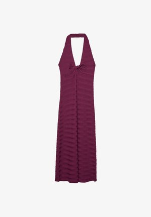 Maroon halter dress with a knotted front detail, textured fabric featuring wavy patterns, and a flowy, knee-length silhouette.