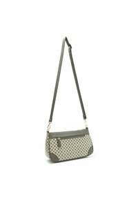 Borsa beige texturizzata con motivo geometrico, dettagli grigio scuro e tracolla rimovibile. Presenta una tasca con zip nella parte anteriore.