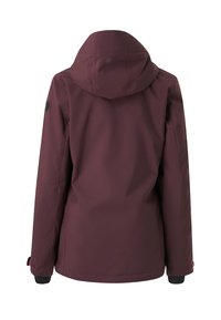 Bordeauxkleurige waterdichte jas met een capuchon, elastische manchetten en een rubberen logo-patch op de linkerschouder. Soepele textuur, op maat gemaakt ontwerp.