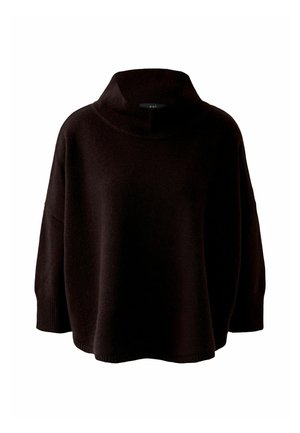 Black oversized pullover with a high, folded collar. Made of soft, textured fabric. Features wide sleeves and a loose, comfortable fit.