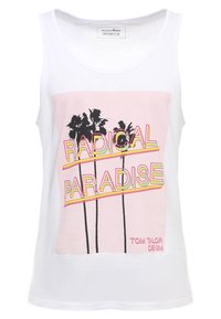 Canotta bianca con grafica rosa raffigurante palme e il testo "RADICAL PARADISE" in giallo e rosa. Materiale in cotone con scollo rotondo.