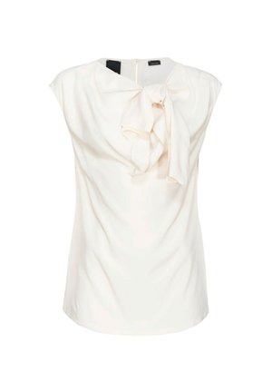 Blusa color crema realizzata in tessuto morbido, con dettaglio a fiocco sul collo e maniche corte, dal taglio dritto e con zip sul retro.