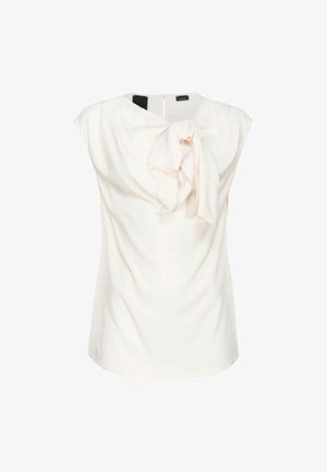 Blusa color crema realizzata in tessuto morbido, con dettaglio a fiocco sul collo e maniche corte, dal taglio dritto e con zip sul retro.