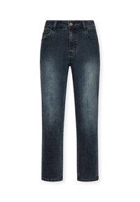 Tummansiniset farkut suoralla leikkauksella, joissa on viisi taskua, nappikiinnitys ja hienovarainen kuluminen kankaassa. Vakiovyötärön korkeus.