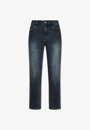Dunkelblaue Denim-Jeans mit geradem Schnitt, fünf Taschen, Knopfverschluss und subtiler Ausbleichung des Stoffes. Standardhöhe des Bundes.