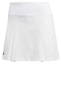 Witte tennisrok met een brede tailleband, geplooid ontwerp en een logo in paars aan de linkeronderzijde. Glad stofoppervlak.